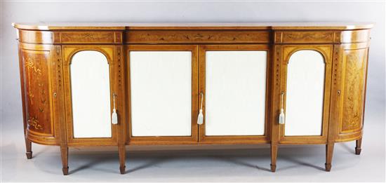 A large Edwardian Sheraton Revival marquetry inlaid satinwood credenza, W.9ft 1in. D.1ft 5.5in. H.3ft 7in.